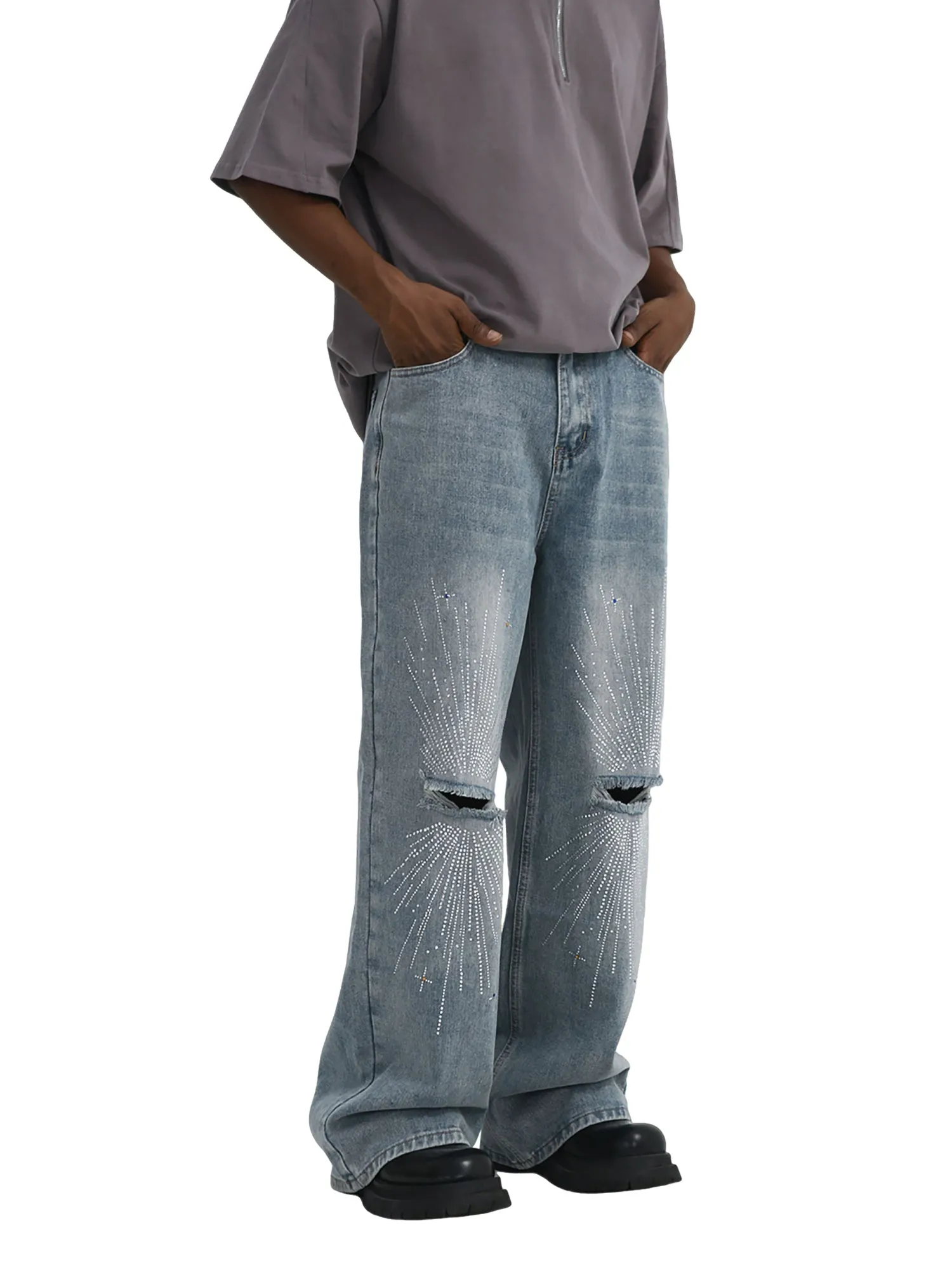 1984 Hip-Hop Shining Cross Hot Diamond Distressed Washed  Baggy Jeans