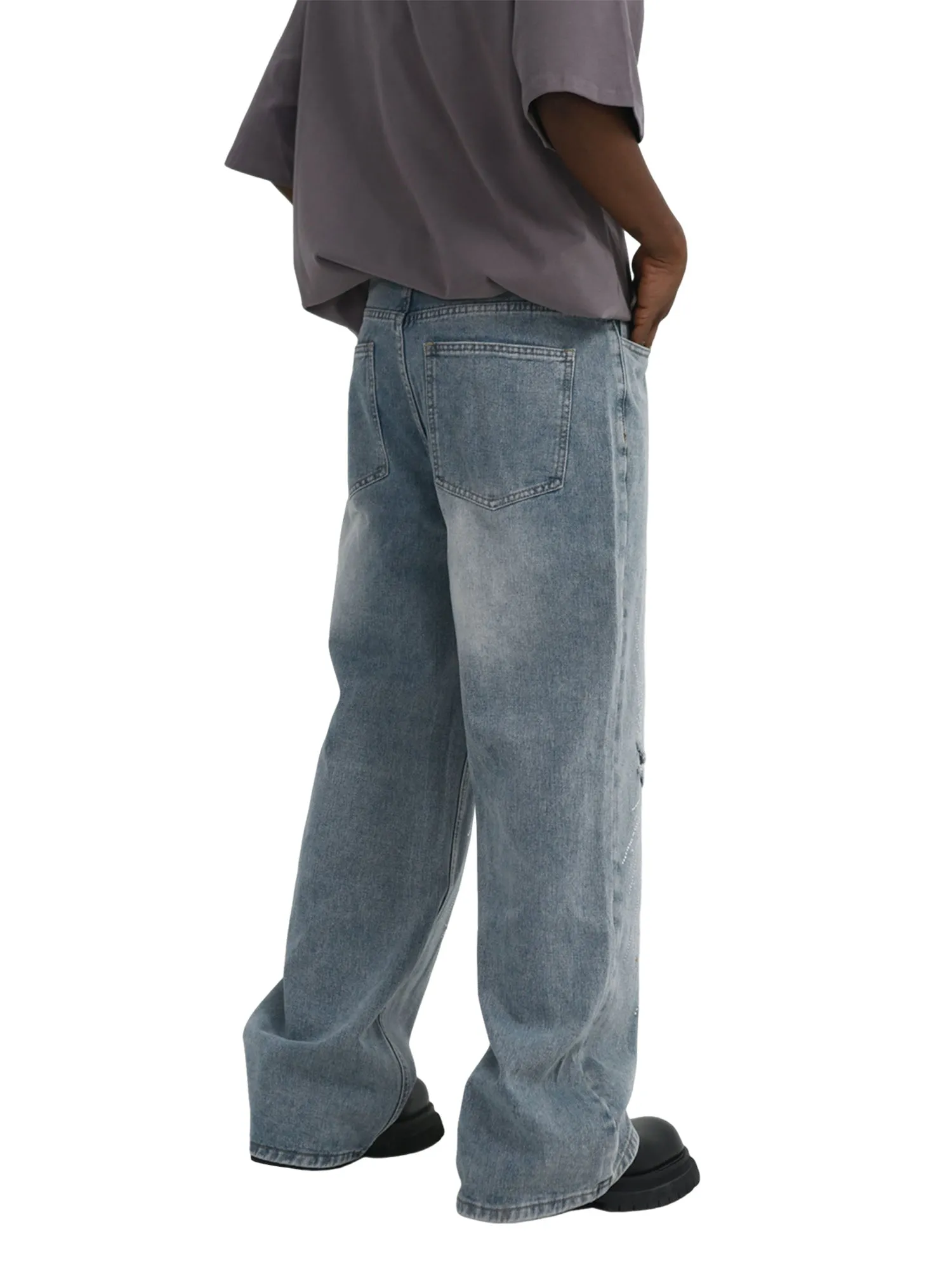 1984 Hip-Hop Shining Cross Hot Diamond Distressed Washed  Baggy Jeans