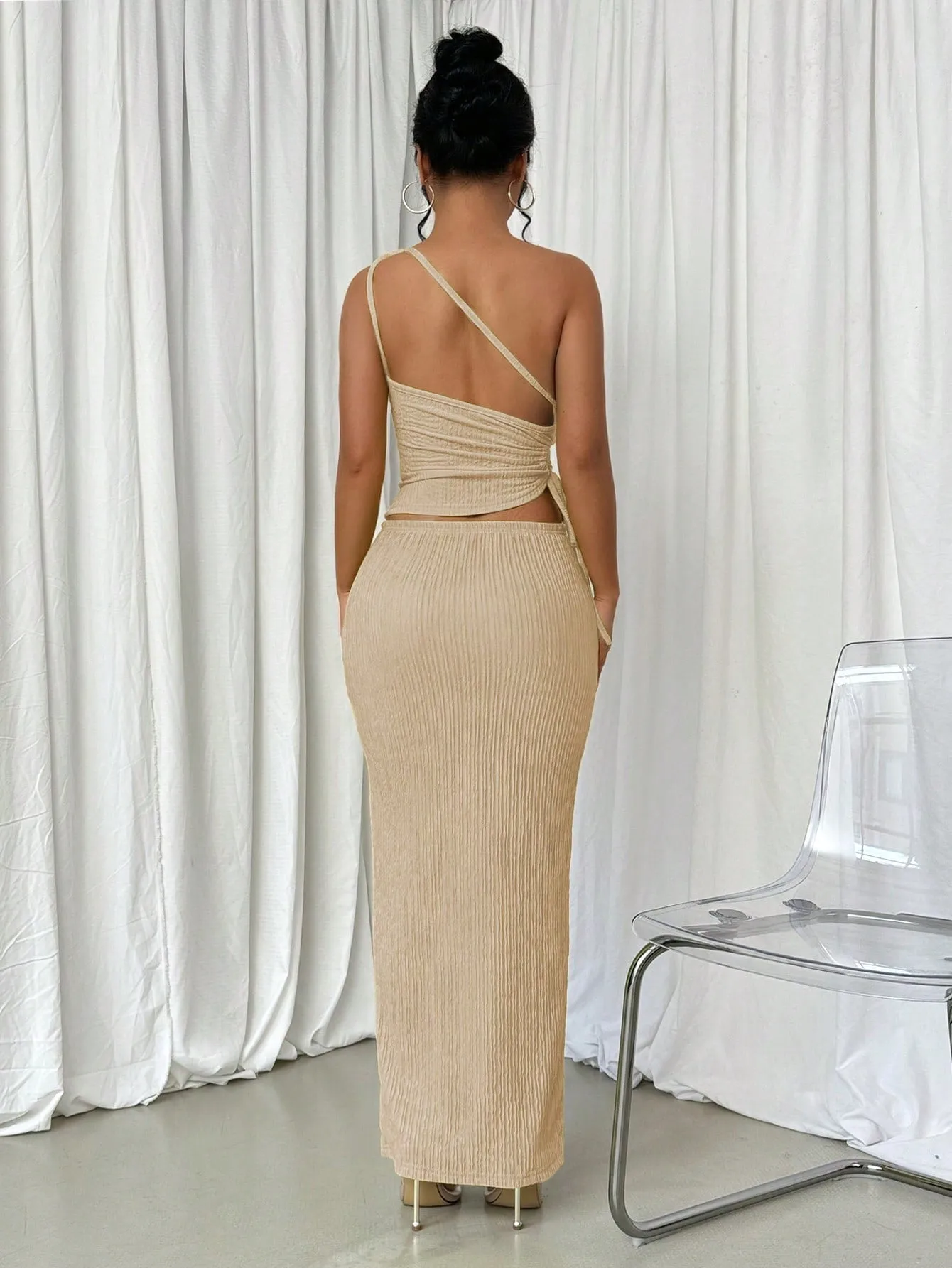 2pcs Women's Solid Color Drawstring Shoulder Top And Long Midi Skirt Set