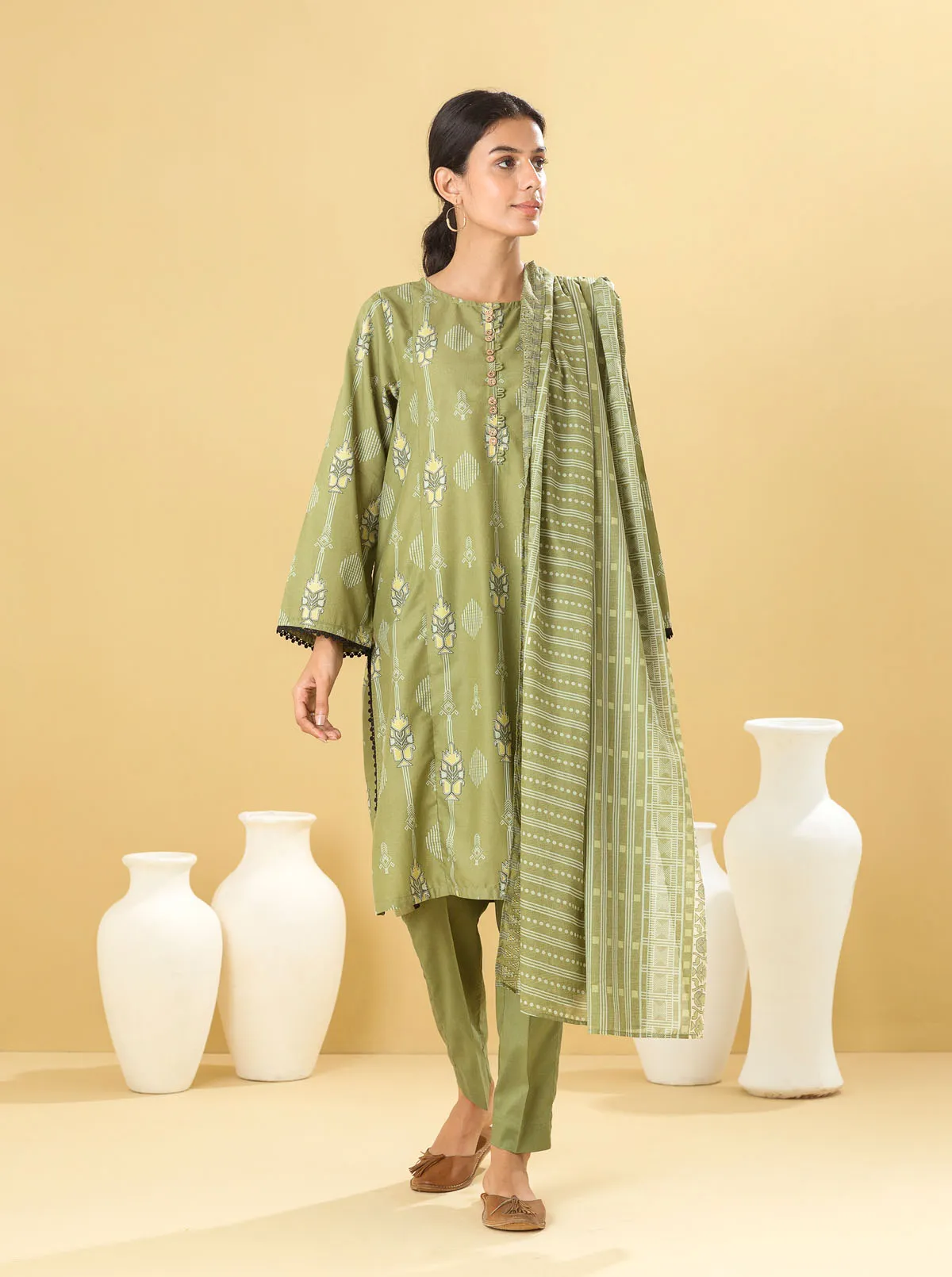 3 PIECE - PRINTED LAWN SUIT - TIMELESS SAGE