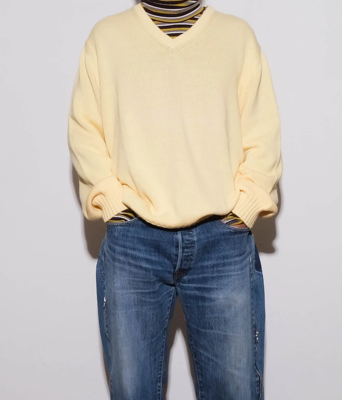 90's Paul Stuart V Neck Cotton Sweaters (Yellow)