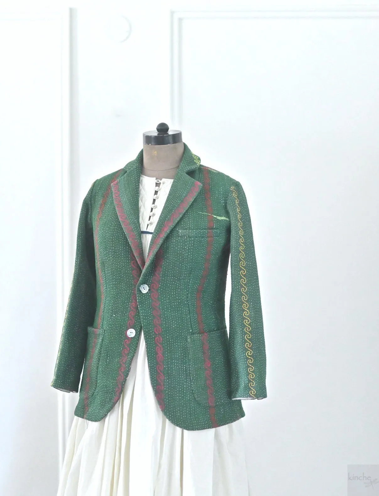 Ashley, Women's Stylish Kantha Quilted Blazer in Dark Green, Medium