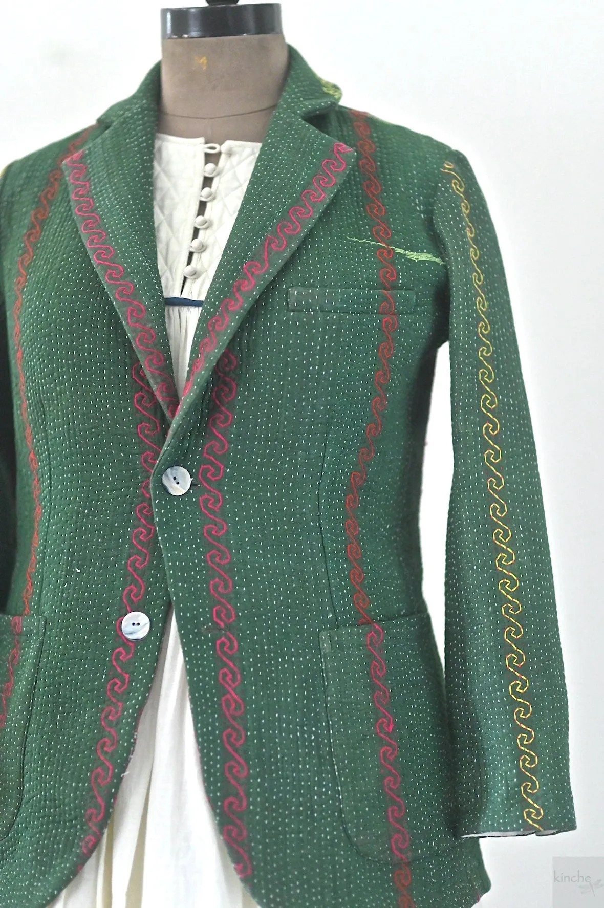 Ashley, Women's Stylish Kantha Quilted Blazer in Dark Green, Medium
