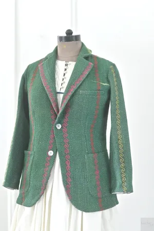 Ashley, Women's Stylish Kantha Quilted Blazer in Dark Green, Medium