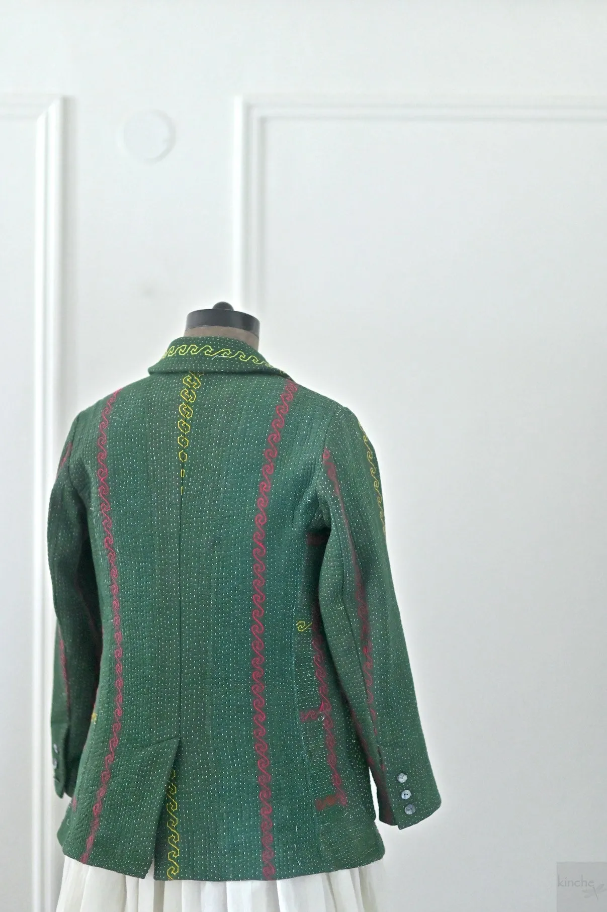 Ashley, Women's Stylish Kantha Quilted Blazer in Dark Green, Medium