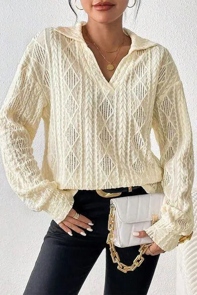 Casual Elegance Eyelet Long Sleeve Collared Blouse