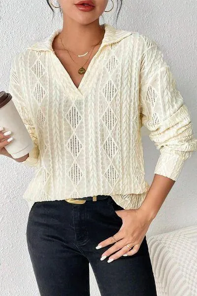 Casual Elegance Eyelet Long Sleeve Collared Blouse
