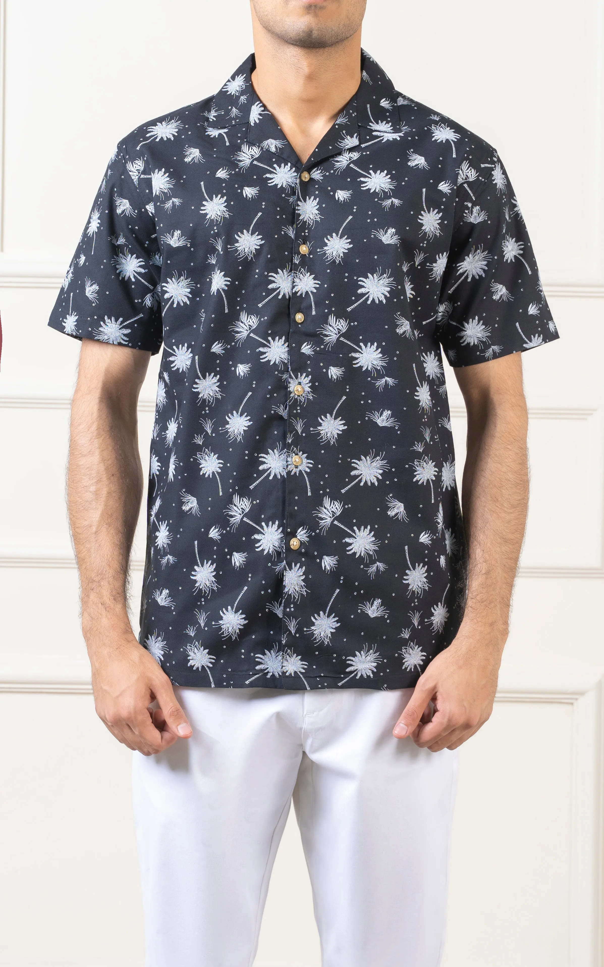 CASUAL SHIRT CUBAN COLLAR BLACK PRINTED