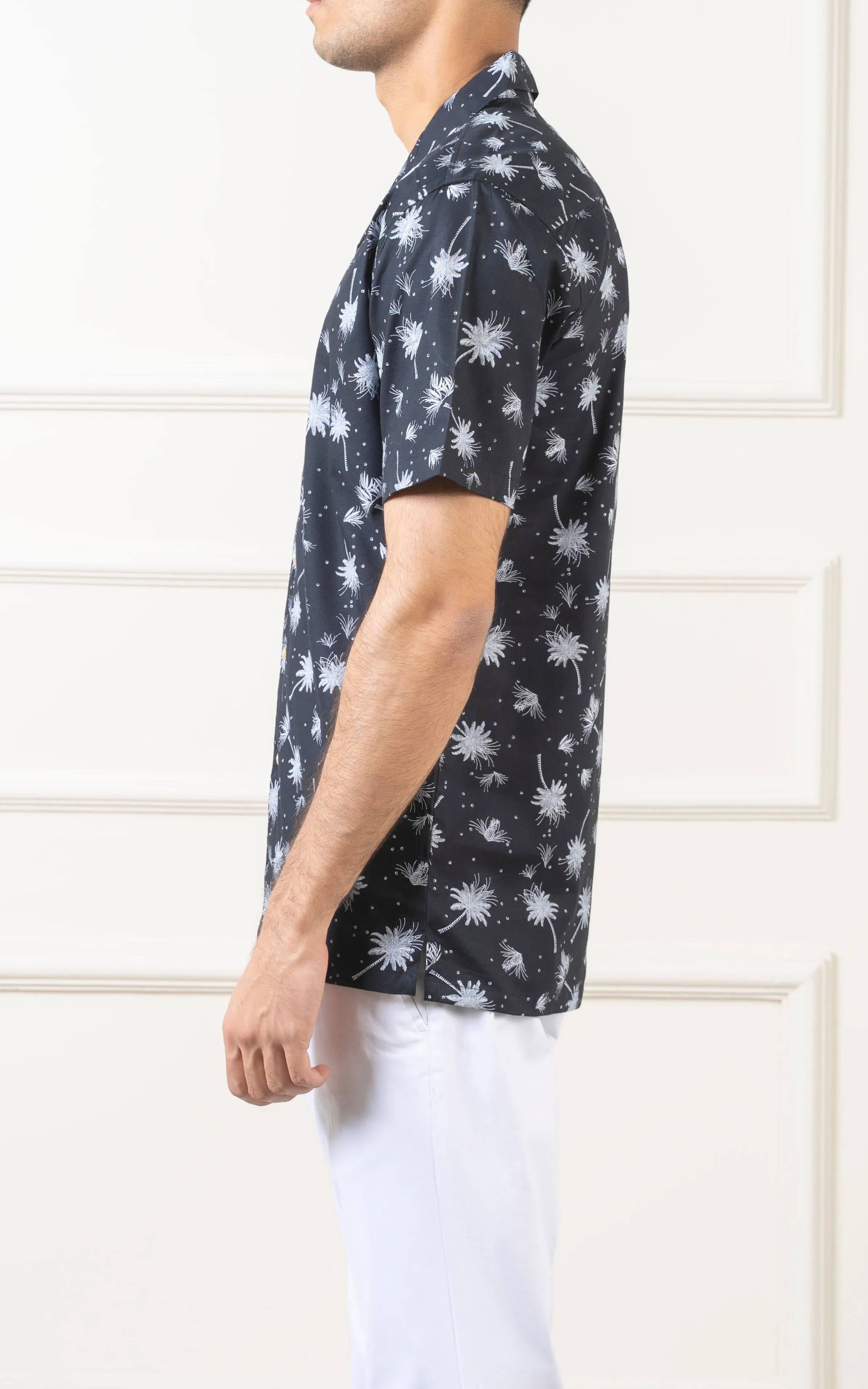 CASUAL SHIRT CUBAN COLLAR BLACK PRINTED