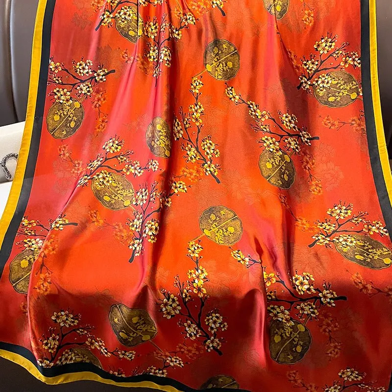 Chinese-style Fashionable Floral Design Satin Silk Scarf