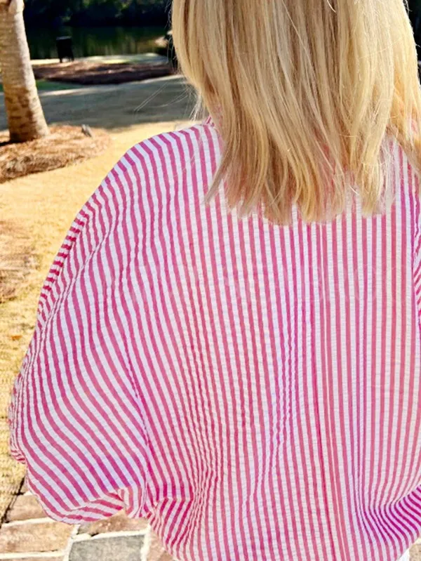 Cotton V neck Pink Striped Dolman Sleeve Blouse
