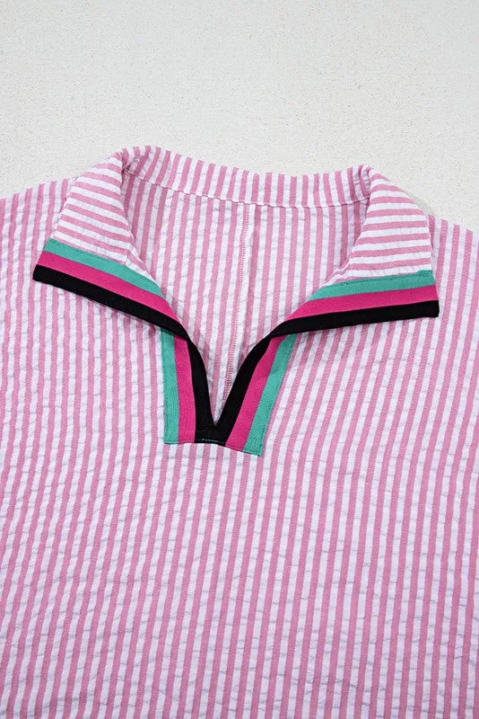 Cotton V neck Pink Striped Dolman Sleeve Blouse