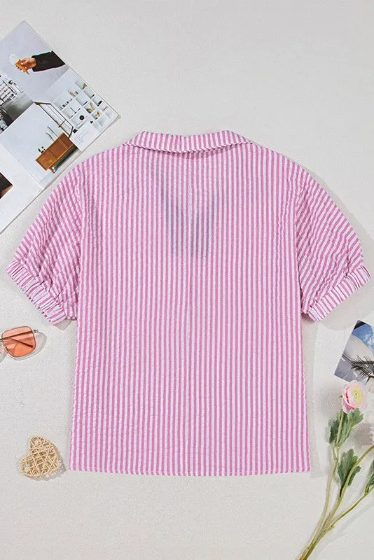 Cotton V neck Pink Striped Dolman Sleeve Blouse