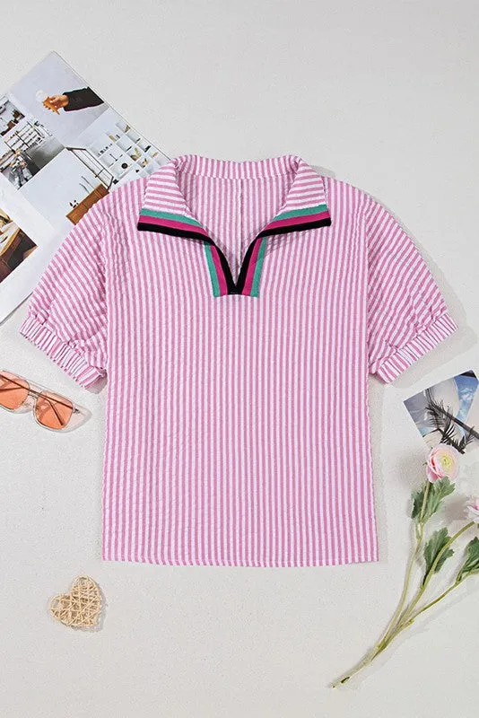 Cotton V neck Pink Striped Dolman Sleeve Blouse