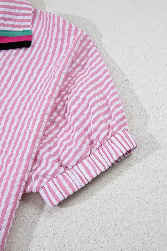 Cotton V neck Pink Striped Dolman Sleeve Blouse