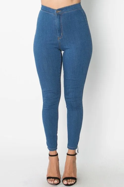 Denim lace up back high waist skinny jeans