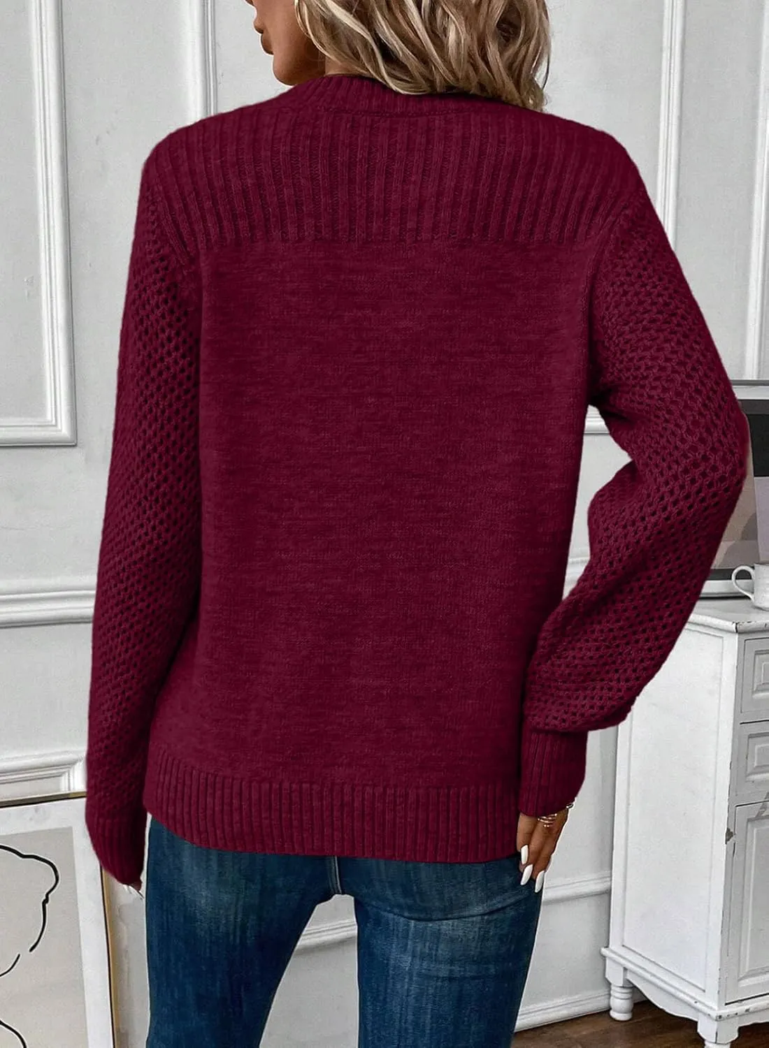 EVALESS Womens Sweaters Casual Long Sleeve Crewneck Cable Knit Lightweight Oversized Crochet Sweater Pullover Tops