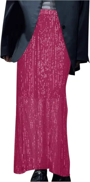 FZYLQY Women's Sparkly Sequin Long Skirt Trendy High Elastic Waist Bodycon Glitter Cocktail Party Club A Line Midi Skirts
