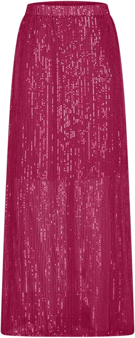 FZYLQY Women's Sparkly Sequin Long Skirt Trendy High Elastic Waist Bodycon Glitter Cocktail Party Club A Line Midi Skirts