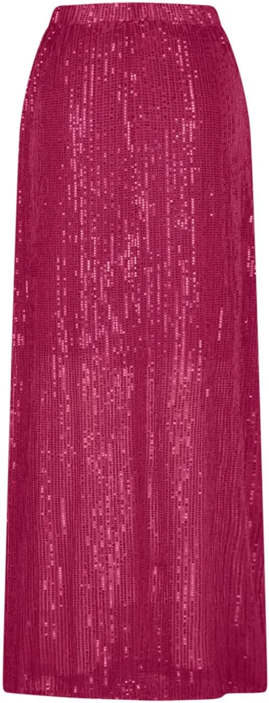 FZYLQY Women's Sparkly Sequin Long Skirt Trendy High Elastic Waist Bodycon Glitter Cocktail Party Club A Line Midi Skirts