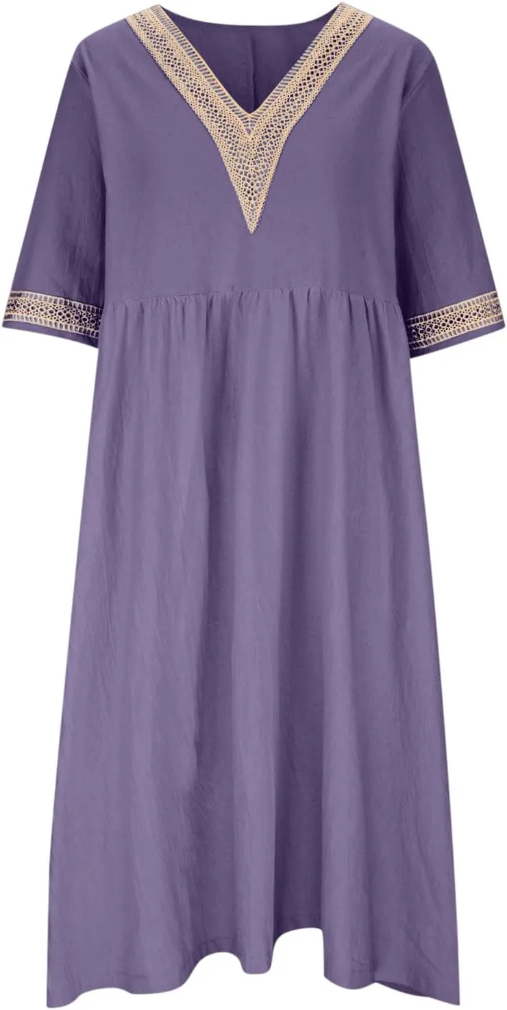 Graduation Dresses for Women 2025 Short Sleeve Dress V Neck Lace Boho Sundress Preppy Fashion Summer Sundresses