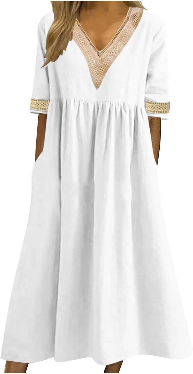 Graduation Dresses for Women 2025 Short Sleeve Dress V Neck Lace Boho Sundress Preppy Fashion Summer Sundresses