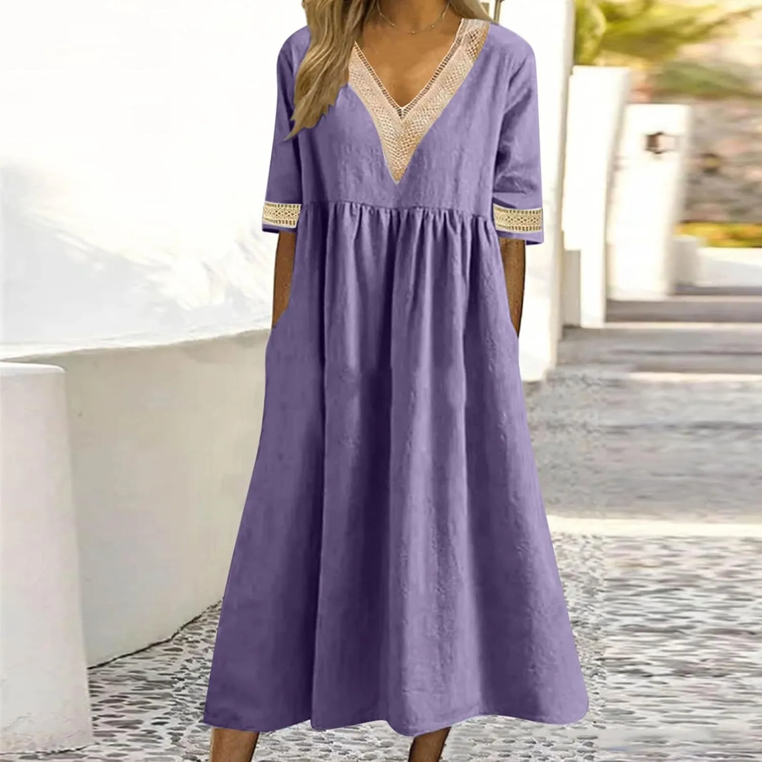 Graduation Dresses for Women 2025 Short Sleeve Dress V Neck Lace Boho Sundress Preppy Fashion Summer Sundresses