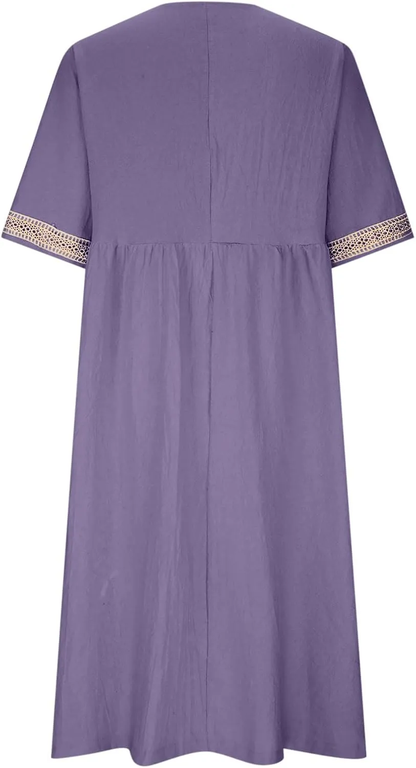 Graduation Dresses for Women 2025 Short Sleeve Dress V Neck Lace Boho Sundress Preppy Fashion Summer Sundresses