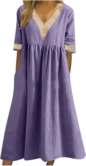 Graduation Dresses for Women 2025 Short Sleeve Dress V Neck Lace Boho Sundress Preppy Fashion Summer Sundresses