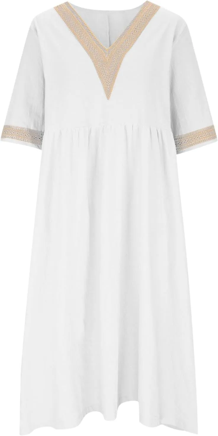 Graduation Dresses for Women 2025 Short Sleeve Dress V Neck Lace Boho Sundress Preppy Fashion Summer Sundresses