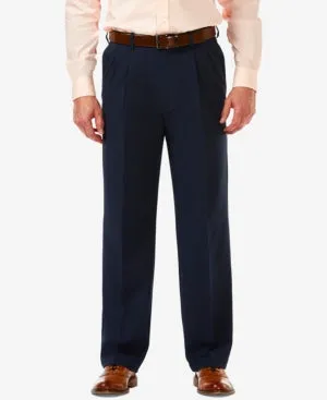Haggar Mens Classic fit Pleated Dress Pants Pants 44 / 30 Blue Solid Stretch