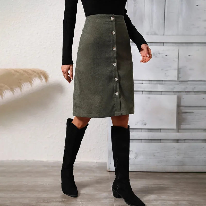 High Waist Button Front Corduroy Skirt