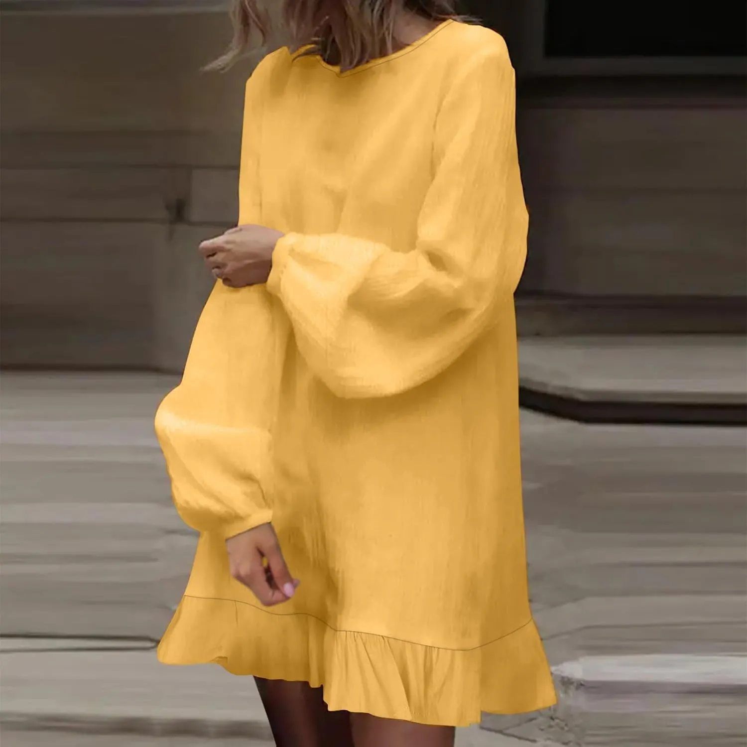 hlysgo Petite Dresses for Women Summer Ruffled Hem Cotton Linen Mini Dress Cute Long Sleeveless Crew Neck Going Out Dress