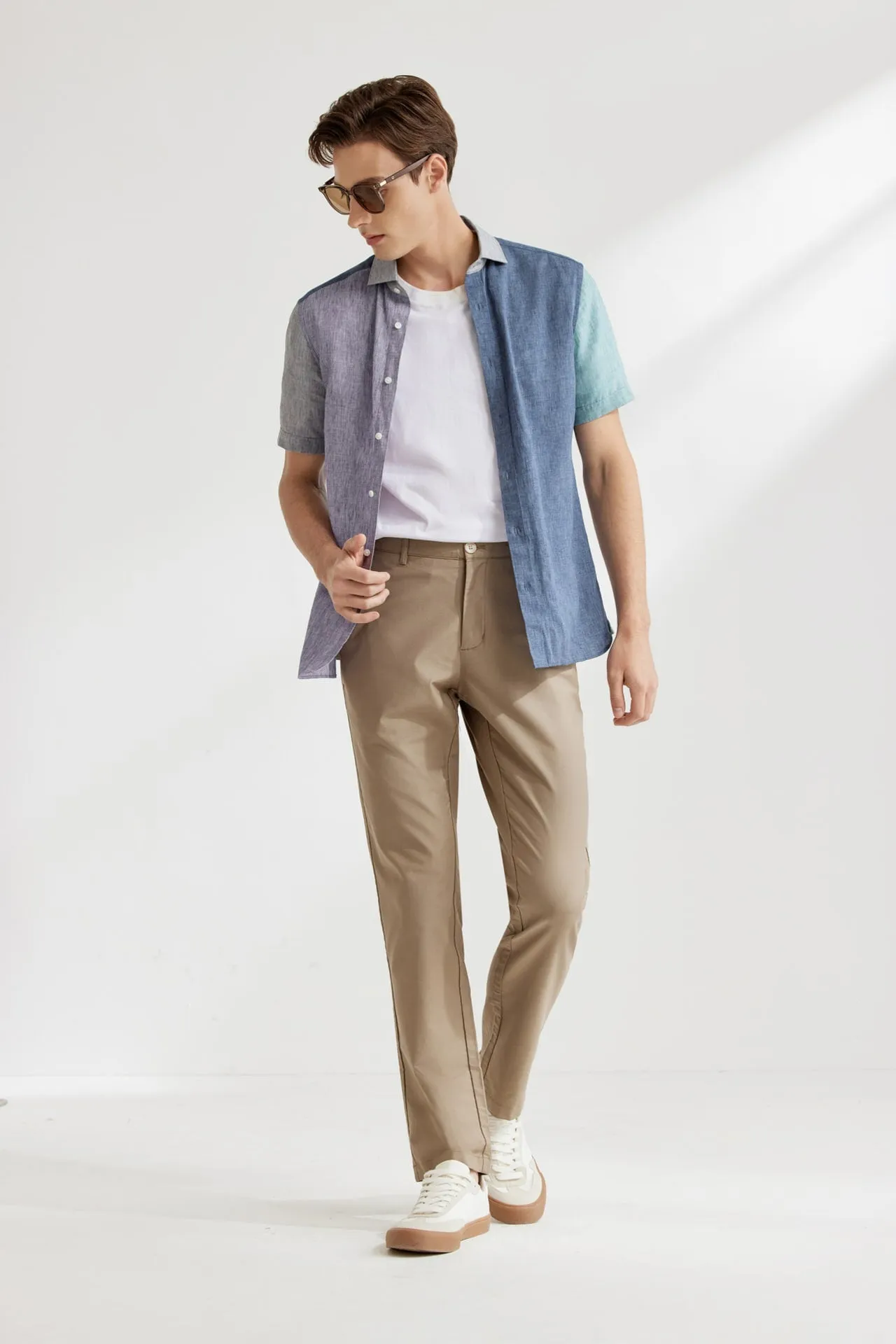 Linen Blend Colour Blocking Casual Shirt in Smart Fit