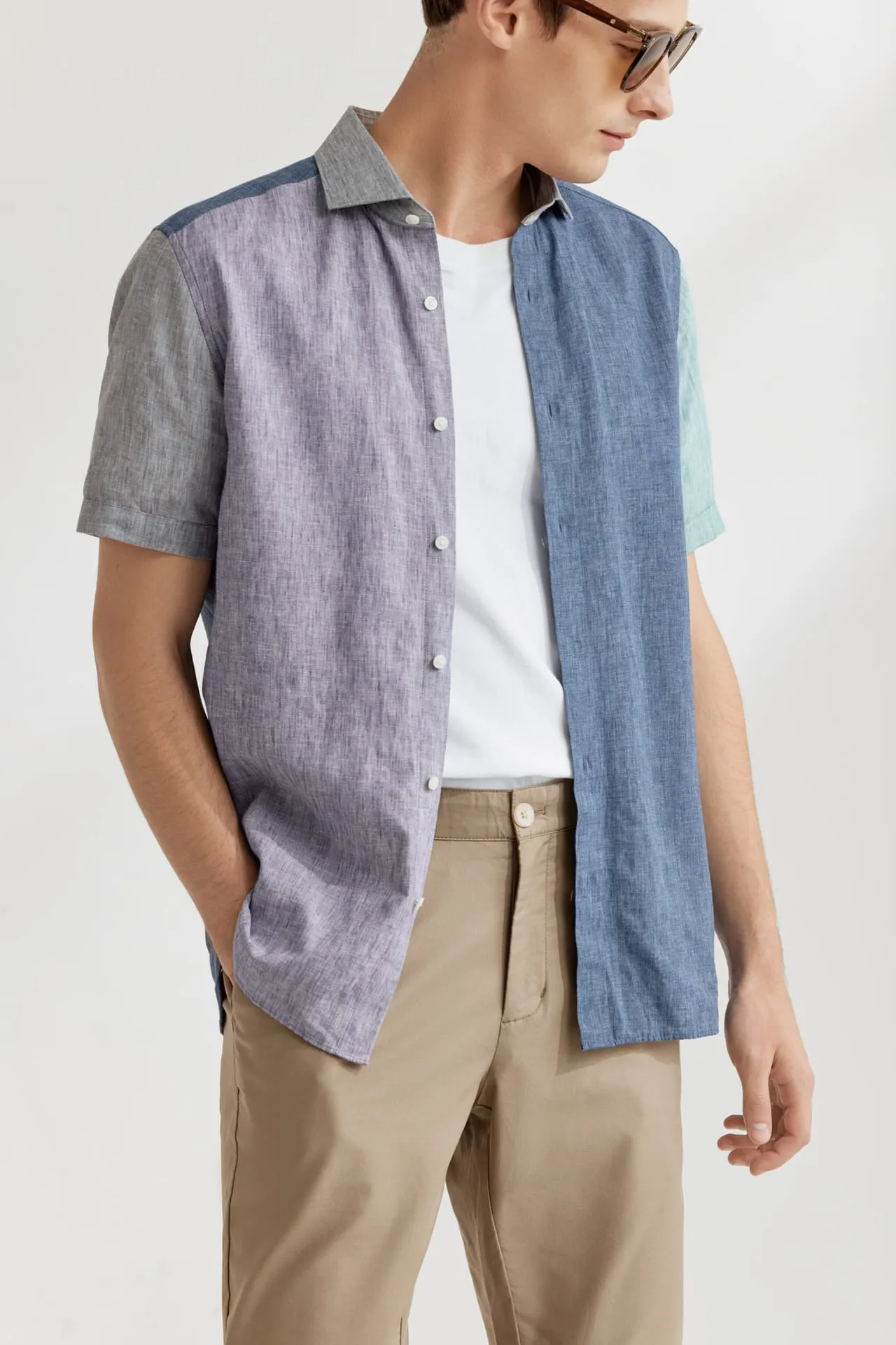 Linen Blend Colour Blocking Casual Shirt in Smart Fit