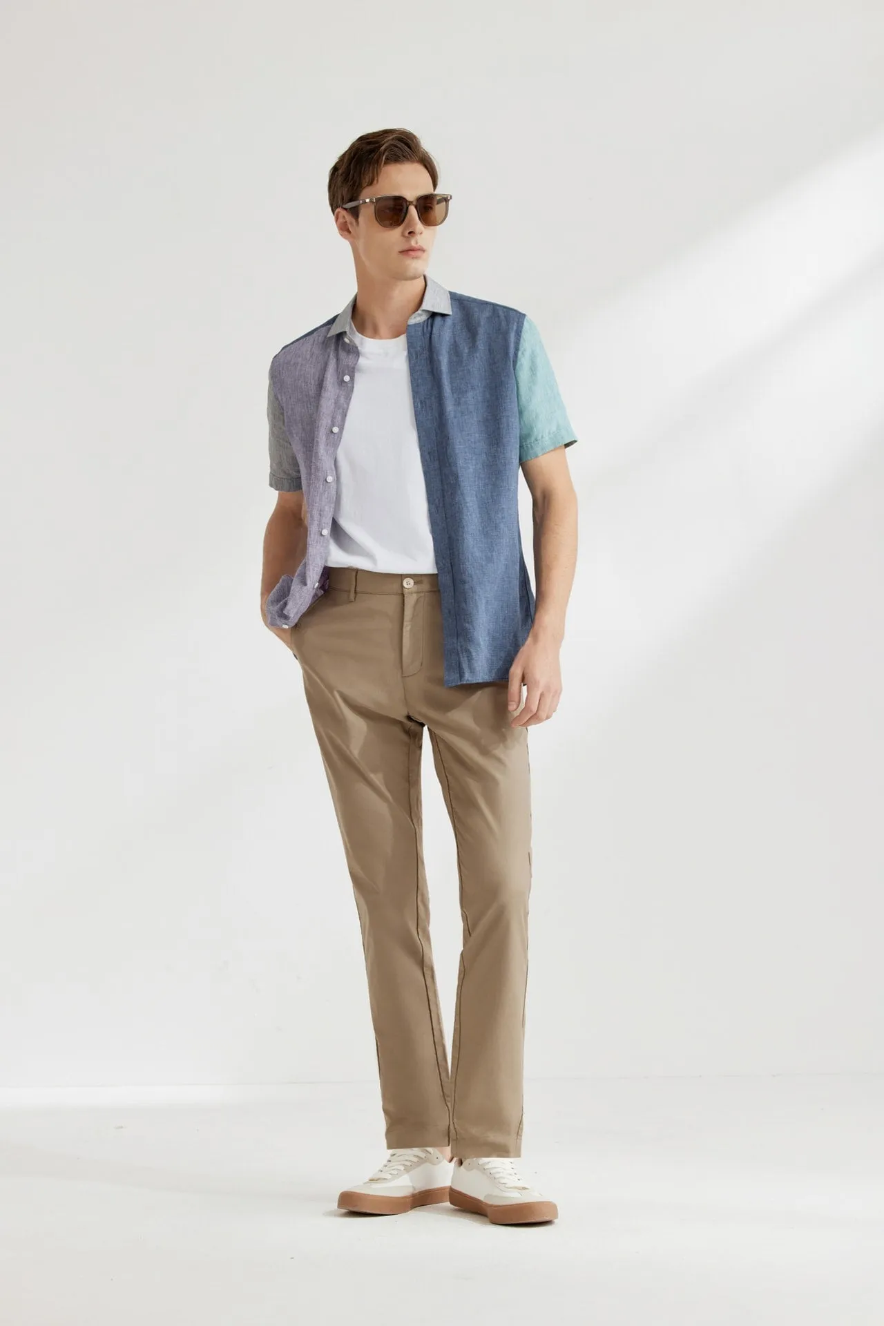 Linen Blend Colour Blocking Casual Shirt in Smart Fit