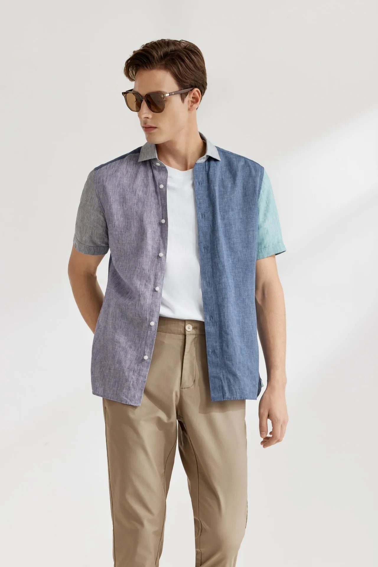 Linen Blend Colour Blocking Casual Shirt in Smart Fit
