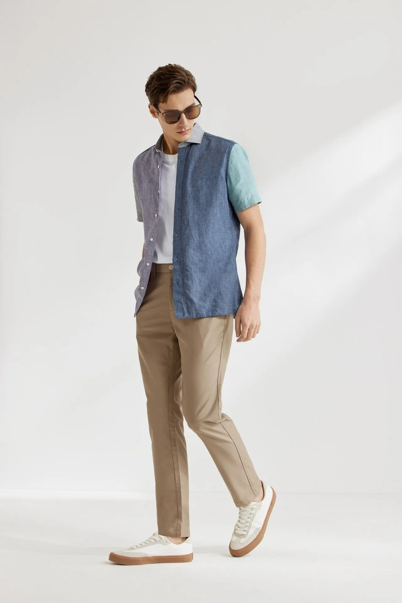 Linen Blend Colour Blocking Casual Shirt in Smart Fit
