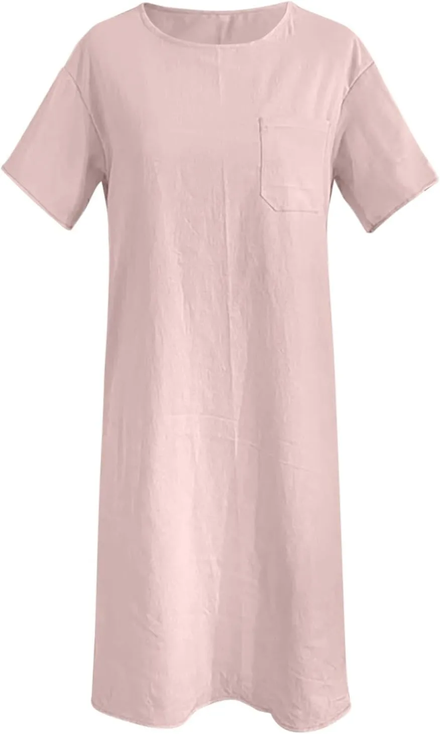 Linen Dress for Women Summer 2025 Scoop Neck Short Sleeve Mini Dress Casual Beach Vacation Sundresses with Pocket