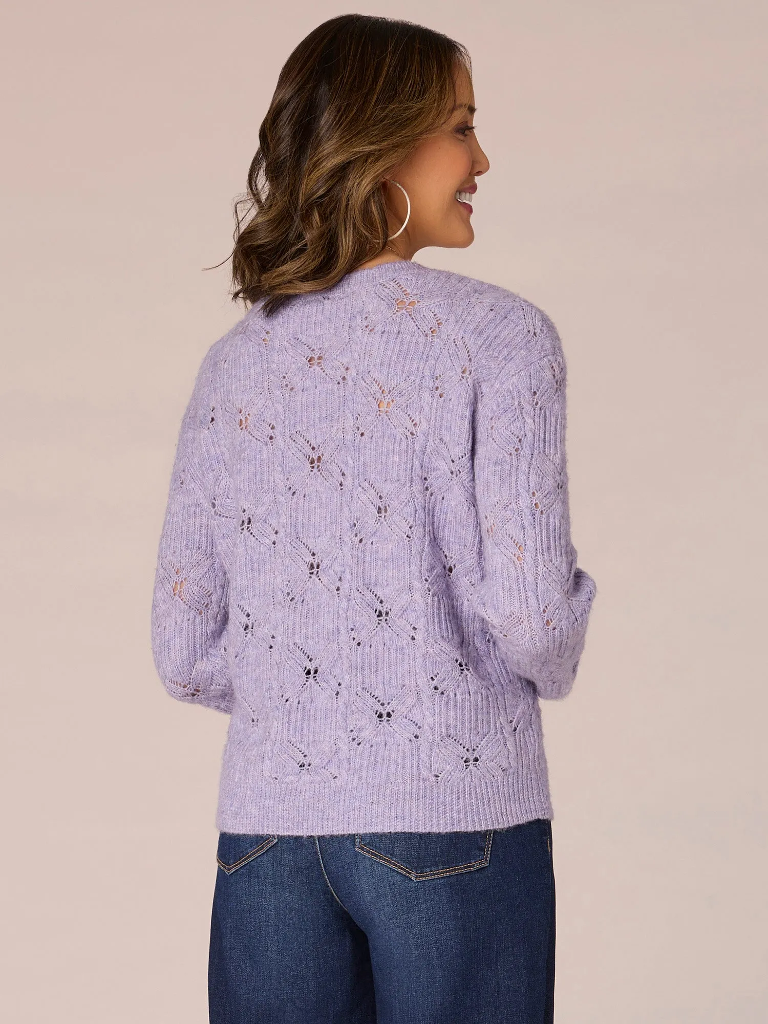 Long Cuffed Sleeve V-Neck Pointelle Stitch Scallop Edge Sweater