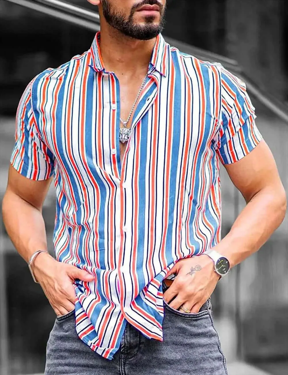 Men's Striped Short-Sleeve Shirt: Breathable & Classic Fit