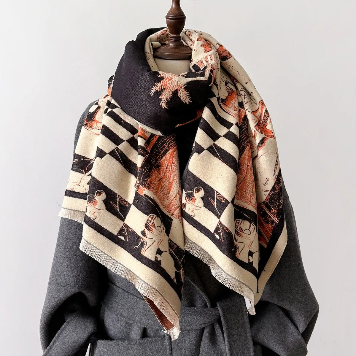Midnight Black Retro Design Women's Winter Shawl Scarf