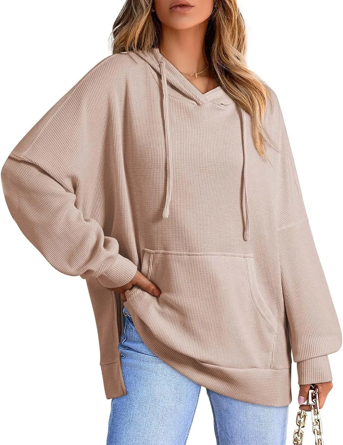 Oversized Hoodies for Women Waffle Hem Slit Drawstring Long Sleeve Sweatshirt Loose Lightweight Pullover with Pocket