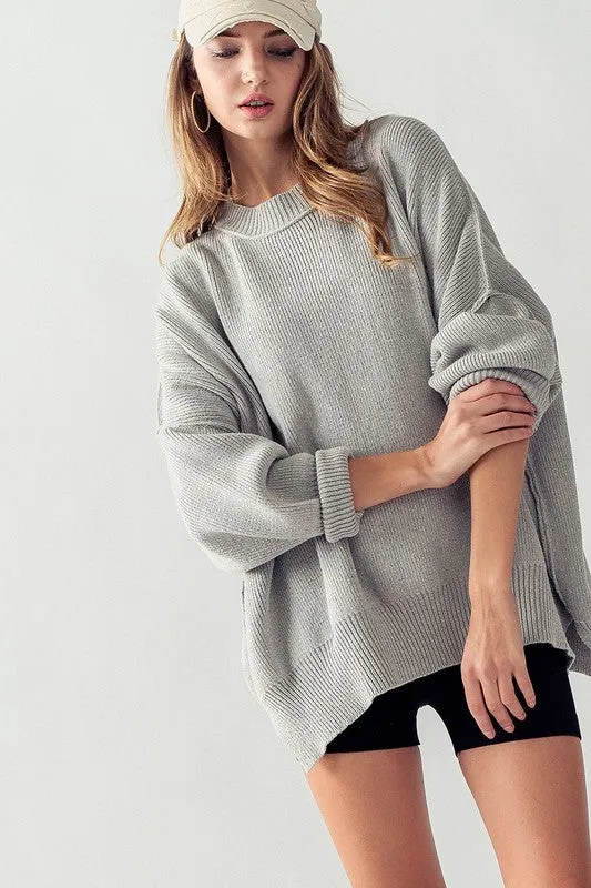 OVERSIZED SIDE SLIT CREW NECK COZY SWEATER