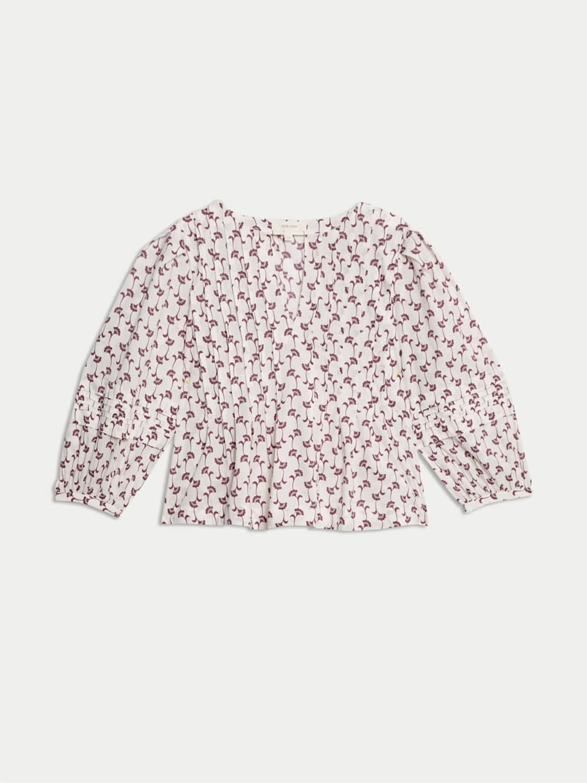 Pure cotton printed v-neck pintuck blouse