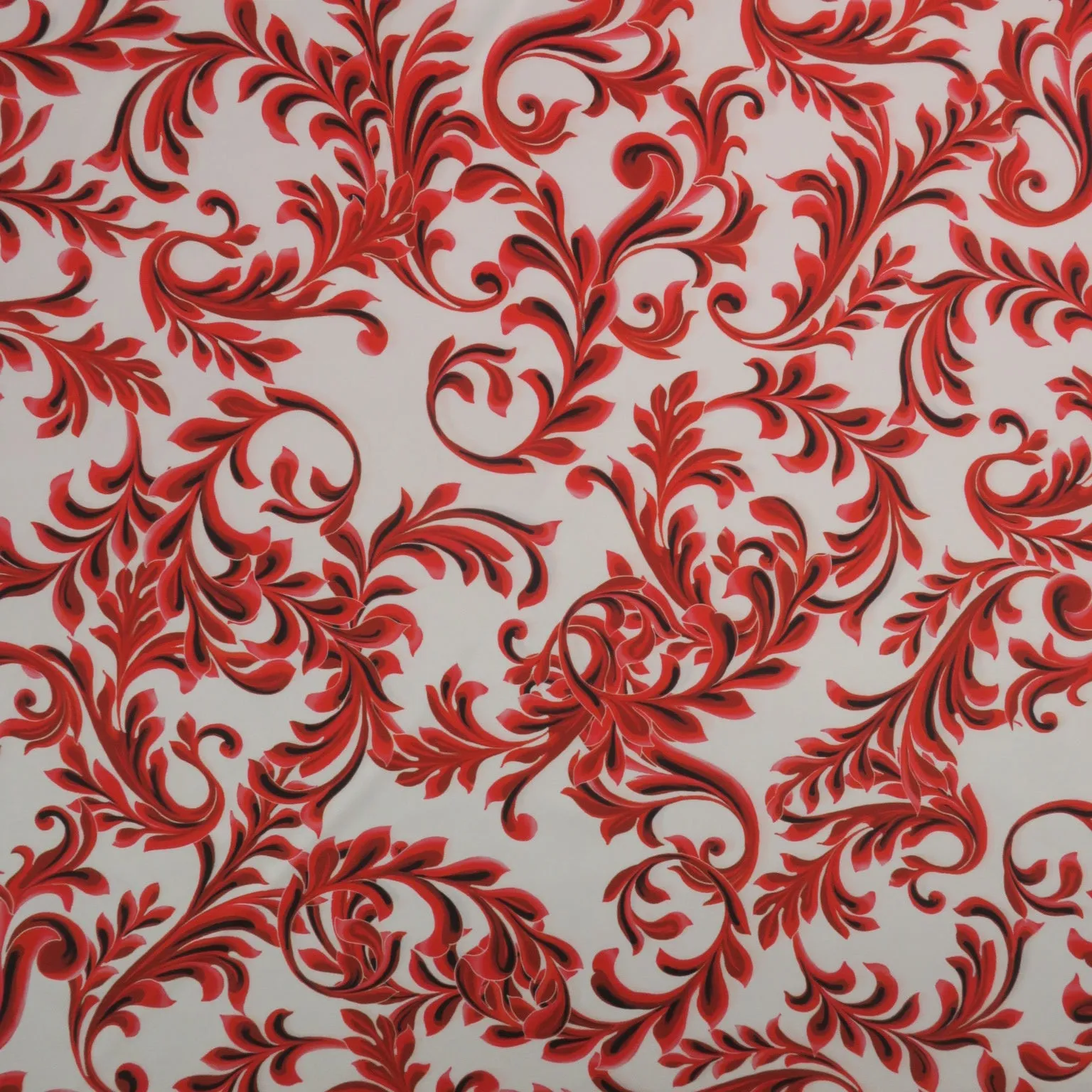 Red Floral on White Printed Polyester Mikado Fabric