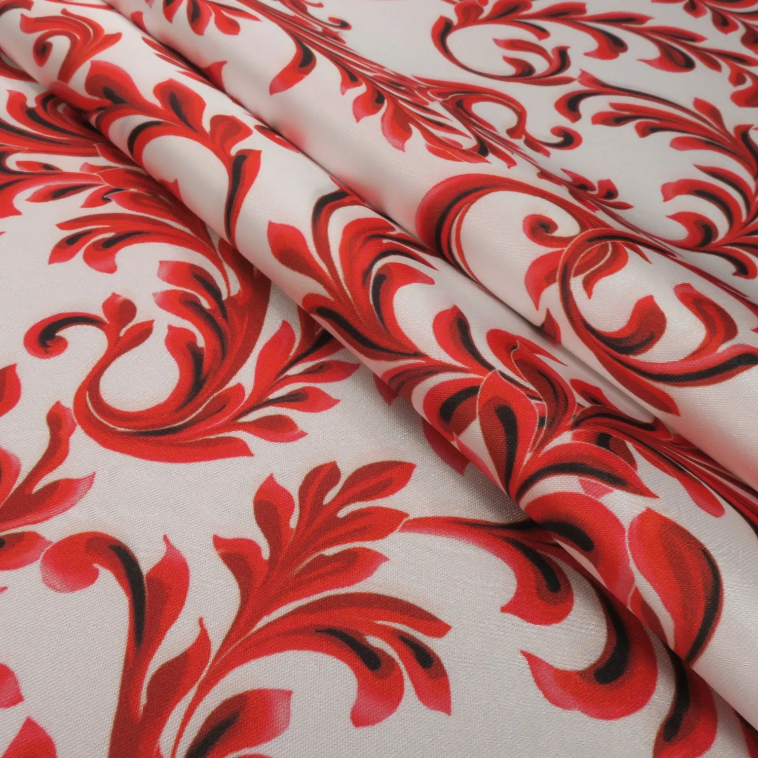 Red Floral on White Printed Polyester Mikado Fabric