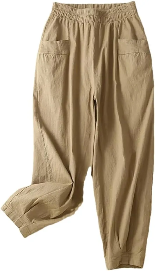 Rfmfkkg Women's Front Pockets Cotton Linen Solid Casual Pants Elastic High Waist Ankle-Length Harem Pants