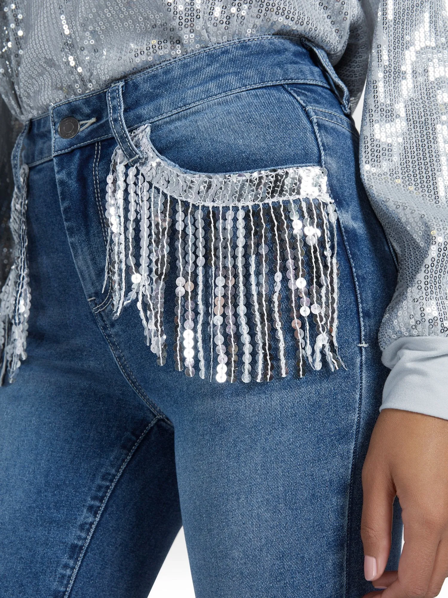 Sequin-Fringe Super-Skinny Ankle Jeans