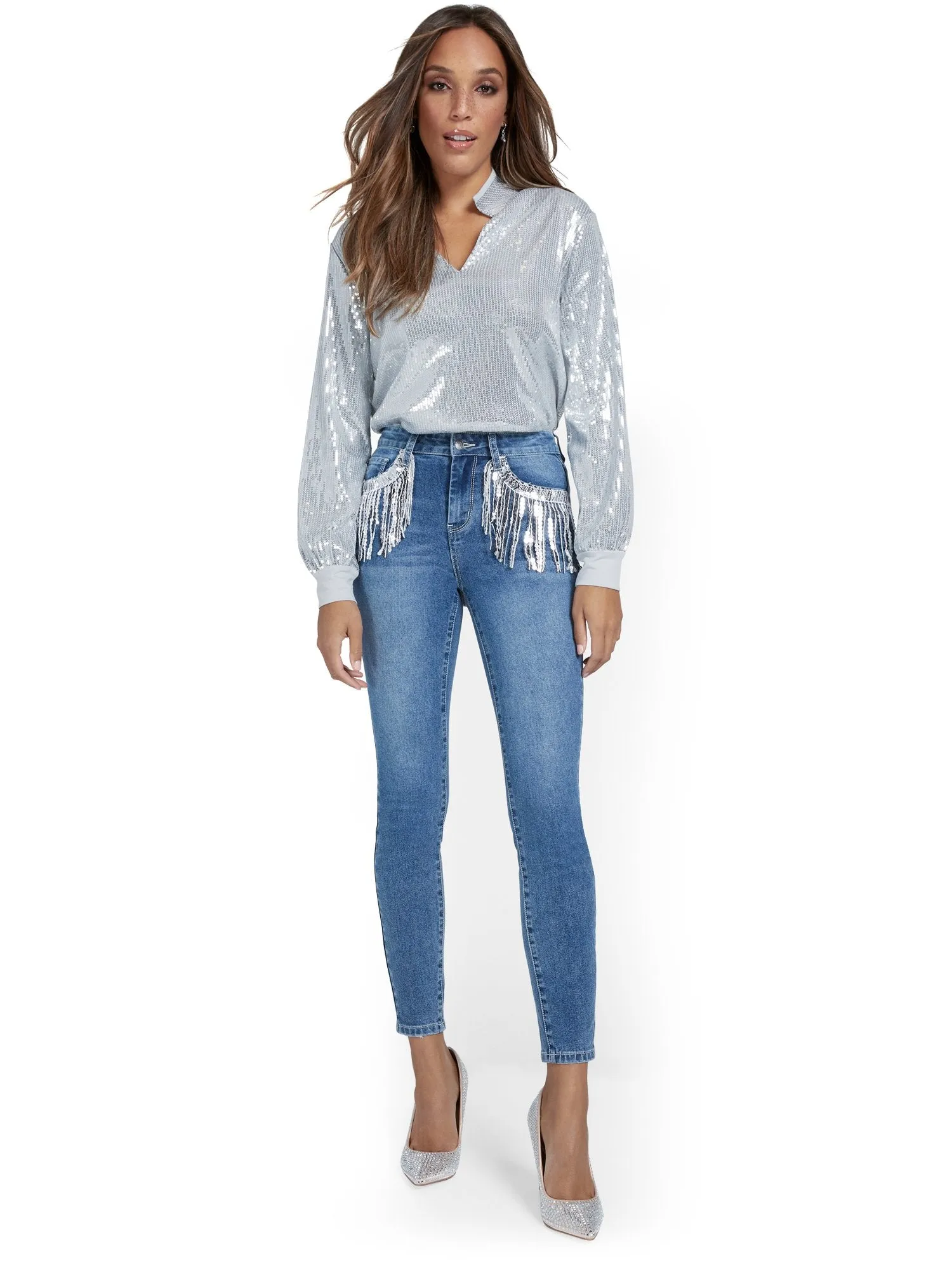 Sequin-Fringe Super-Skinny Ankle Jeans